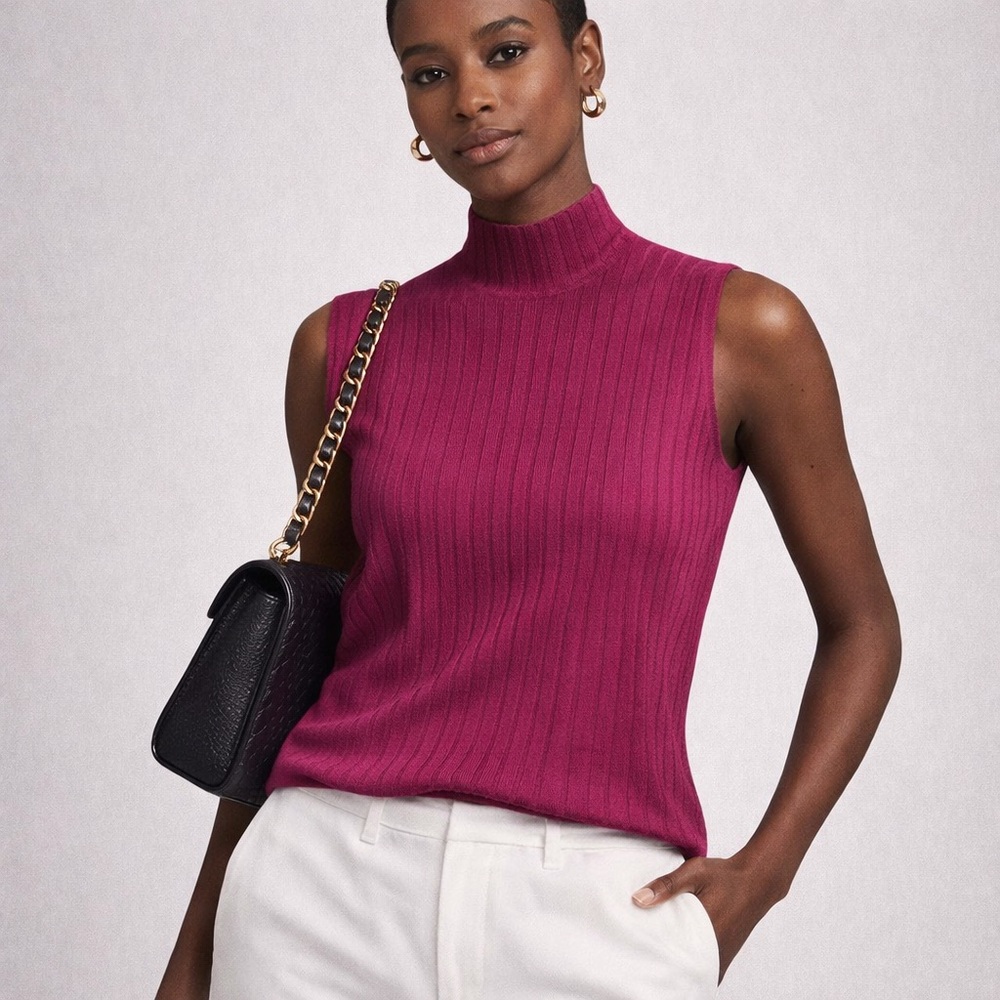 Lafayette 148 Elegant Ribbed Mock Neck Sleeveless Top | Magenta - Picture 1 of 8